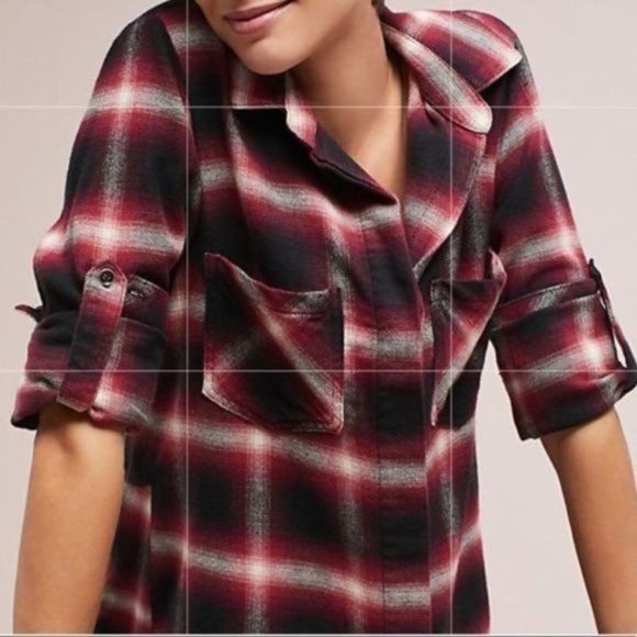 cloth & stone Tops - Cloth & Stone Plaid Shirt button up tan sleeves